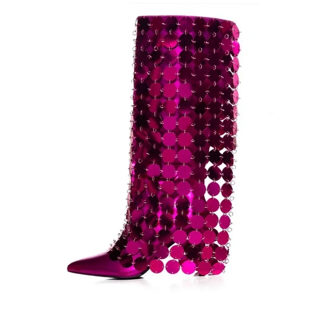 Fuchsia Sequin Heeled Boots - Picture 2 of 14